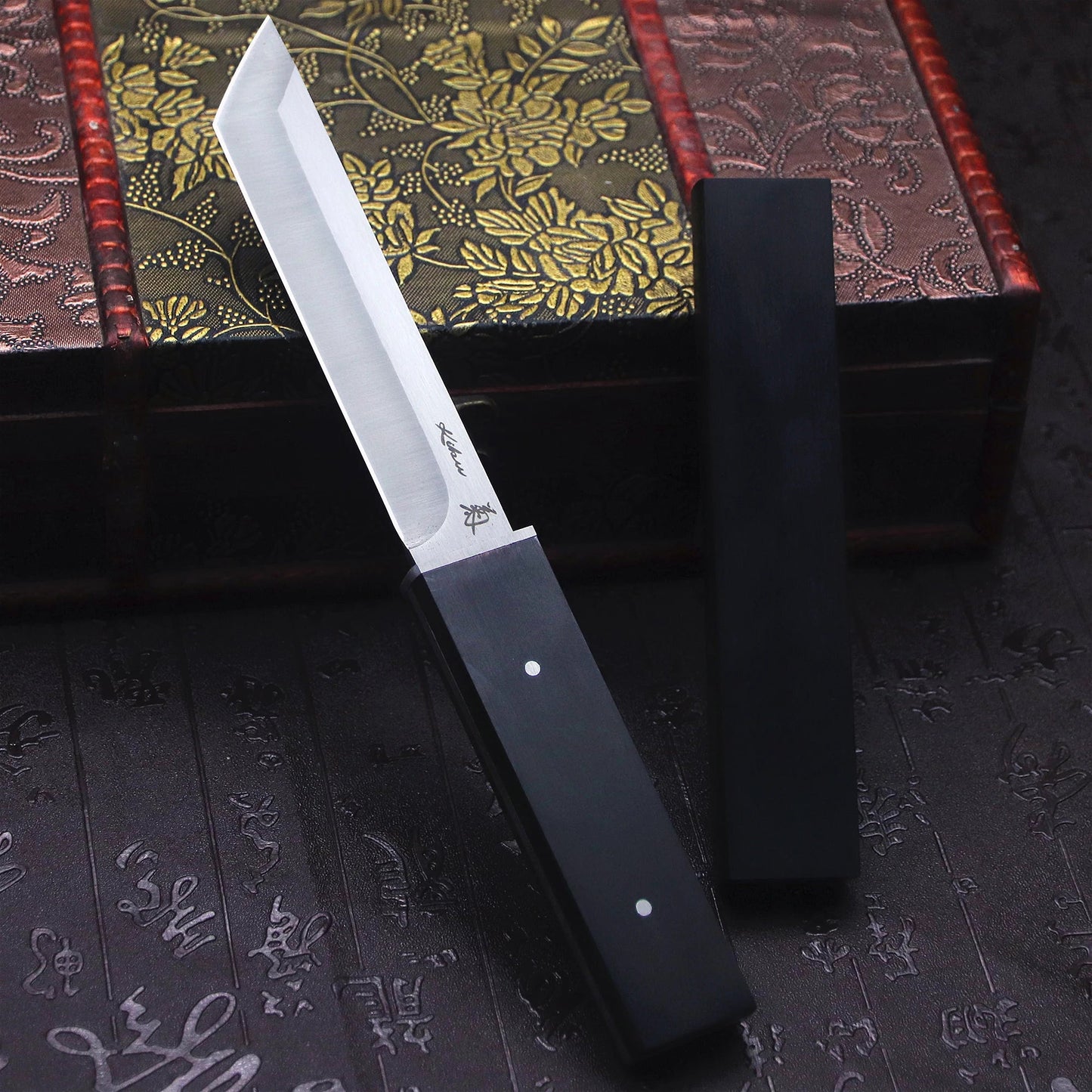 Black wood Japanese outdoor D2 steel straight knife - One Shop EDC