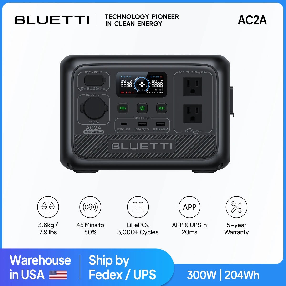 BLUETTI AC2A 300W 204Wh Portable Power Station - One Shop EDC